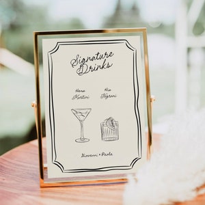 Plantilla de letrero de bebidas exclusivas con cócteles y bebidas dibujados a mano, borde extravagante, garabatos originales escritos a mano para imprimir, 022