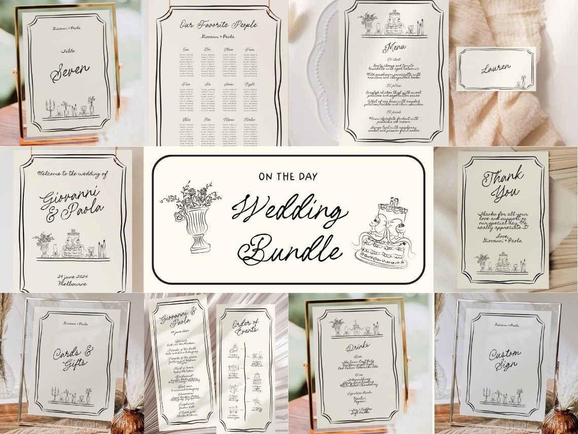 On the Day Wedding Bundle Template with Hand drawn Cake Illustration, Quirky Whimsical, Handwritten Printable, Fun Scribble Doodle, 022