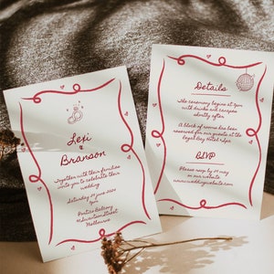 Doppelseitig handgezeichnete Hochzeitseinladung, bunte, wunderliche Vorlage, schrulliges Gekritzel, handgeschrieben, bedruckbar, Bordüre, 030