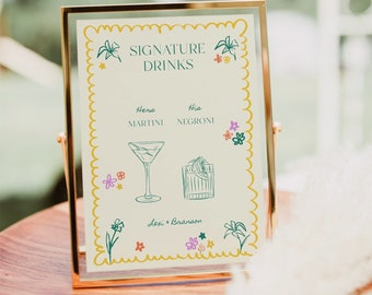 Tropical Signature Drinks Sign Template, Hand-Drawn Cocktails (Digital Download), 017