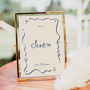 Blue Table Numbers Sign Template with Whimsical Wavy Border for Wedding, Quirky Handwritten Printable, Doodle and Scribble Printable, 010