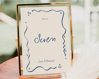Blue Wavy Wedding Table Numbers Sign, Handwritten Style (Digital Download), 010
