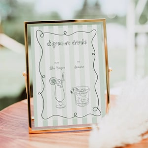 Signature Drinks Sign Template with Hand Drawn Cocktails and Drinks, Whimsical Striped Wavy border sign, Quirky Handwritten Printable, 023