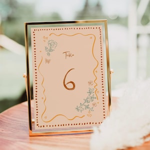 Table Numbers Sign Template with Whimsical Wavy Border for Wedding, Floral Illustration, Quirky Handwritten, Doodle and Scribble, 045
