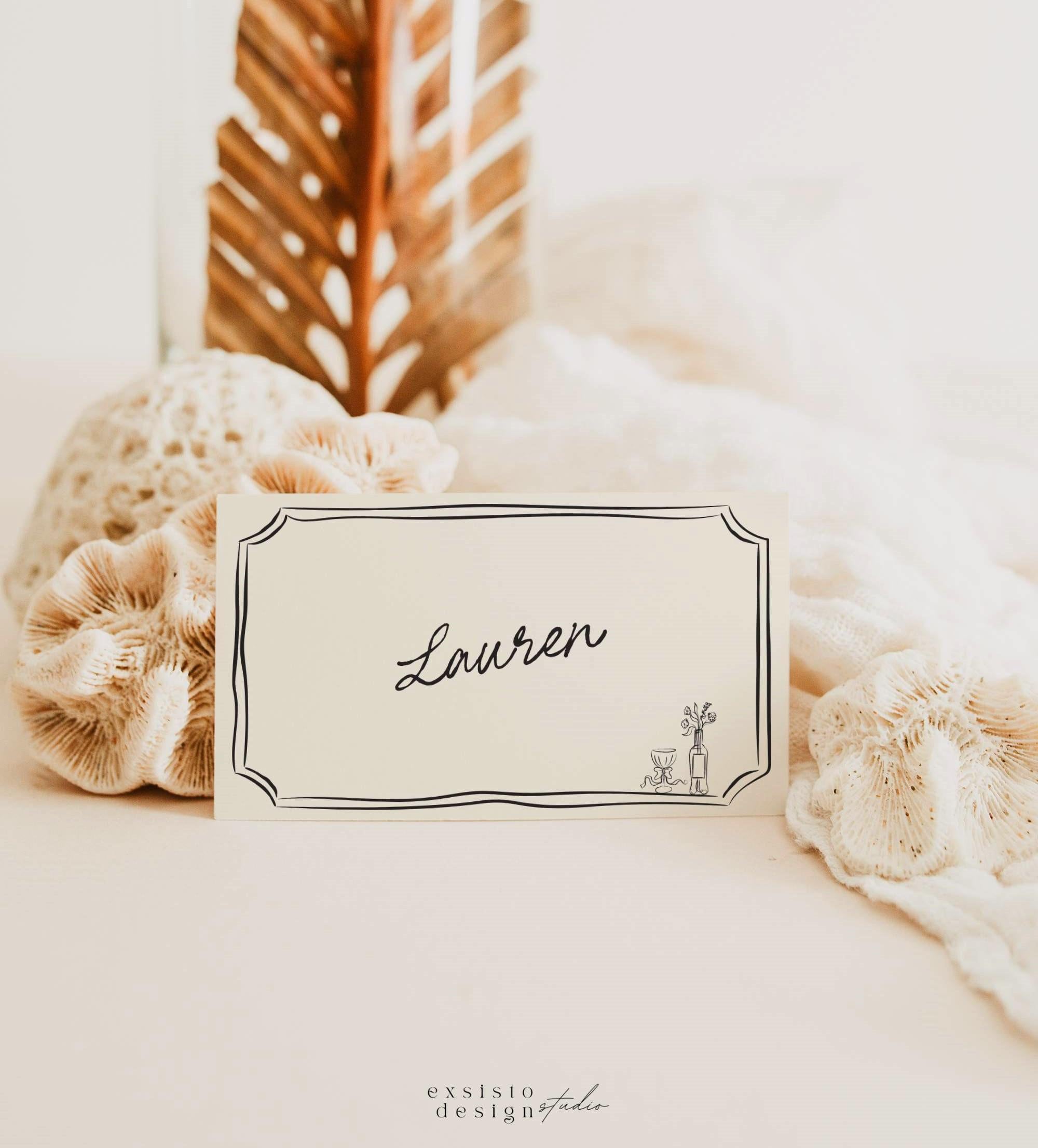 Place Card Template with Hand Drawn Dinner Illustrations, Whimsical Quirky Border, Handwritten Printable, Doodle and Scribble, 022