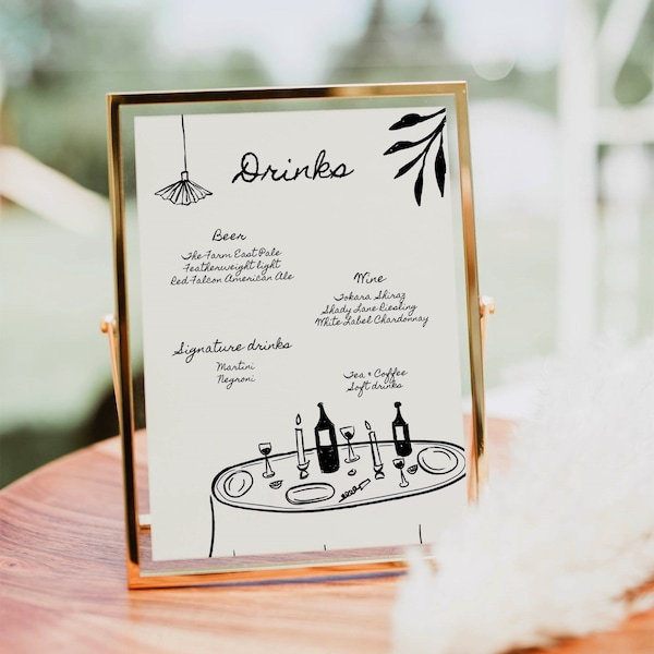 Bar Drinks Menu Template with Hand Drawn Dinner Table Illustrations, Whimsical Handwritten Printable, Quirky Doodle and Scribble, 012