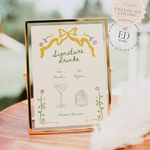 Signature-drankjesbordsjabloon met handgetekende cocktails en drankjesillustratie, Flower Bar-bord, eigenzinnig krabbel handgeschreven afdrukbare 077