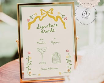 Letrero de cócteles con firma, dibujado a mano: barra floral para bodas, plantilla imprimible (descarga digital), 077