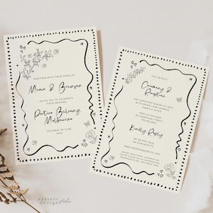 Doppelseitige Hochzeitseinladung Set-Vorlage mit handgezeichneter, skurriler botanischer Blumen-Illustration 045