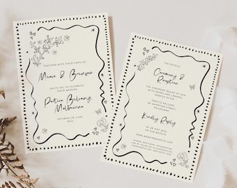 Botanical Double Sided Wedding Invitation Set: Hand-Drawn Whimsical Flowers (Digital Download), 045