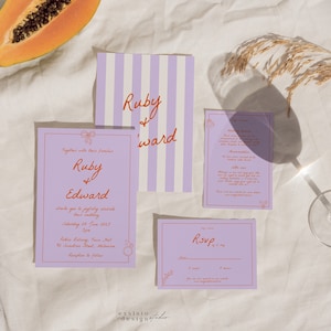 Juego de invitación de boda con RSVP, plantilla de invitación de boda extravagante con ilustración dibujada a mano, invitación manuscrita con garabatos peculiares