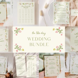 On the Day Wedding Bundle Template with Hand drawn Quirky Floral Border Illustration, Whimsical Handwritten Print, Scribble Doodle, 015