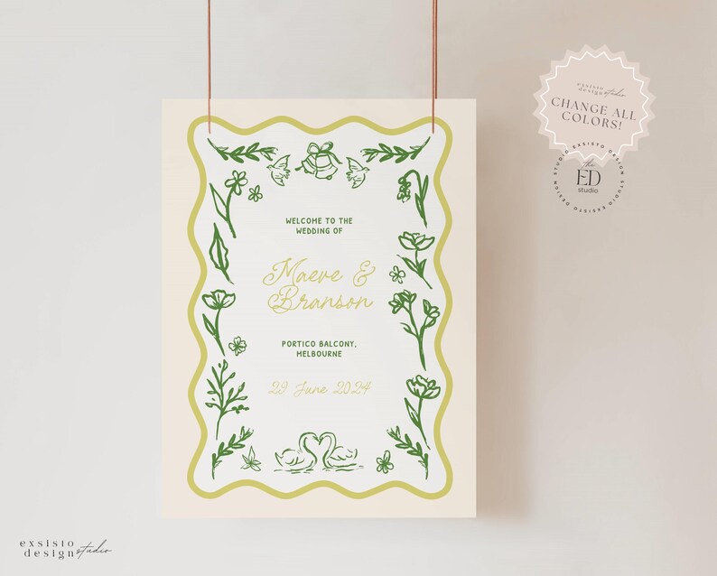 Hand Drawn Floral Doodle Welcome Sign Template: Wavy Border, Digital ...