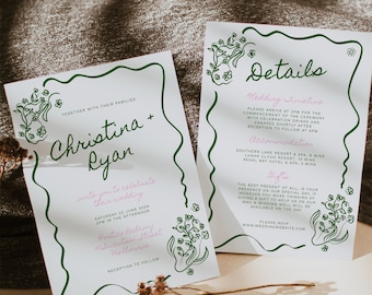 Whimsical Wedding Invitation Template, Hand-Drawn Illustration (Digital Download)