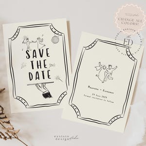 Spaß Save the Date Vorlage mit handgezeichnetem Tanzpaar, Hochzeitsankündigung zum Ausdrucken, anpassbare Hochzeitseinladung, wunderliche Party, 091