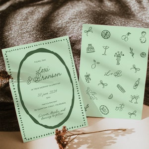 Italian Wedding Invitation Set with Hand Drawn Italian Doodle Illustration, Scribble Border, Quirky Handwritten Suite Template Printable 024