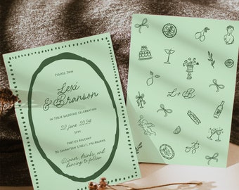 Invitaciones de boda con estilo italiano y garabatos, plantilla imprimible, 024