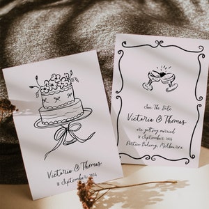 Faire-part "Retenez cette date" avec illustration de mariage dessinée à la main pour le mariage, carte "Retenez cette date" manuscrite, modèle d'invitation original, 004