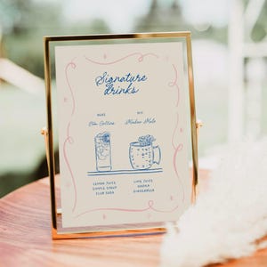 Plantilla de letrero de bebidas exclusivas con cócteles y bebidas dibujados a mano, letrero con borde ondulado extravagante, imprimible escrito a mano peculiar, garabato, 025