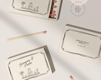 Puede incluir: Dos cajas de cerillas blancas con bordes negros y una ilustración en blanco y negro de un pastel de boda y flores. El texto en las cajas de cerillas dice "Giovanni & Paola". Las cajas de cerillas están sobre una superficie blanca. El texto "CHANGE ALL COLORS!" está en una pegatina circular rosa.