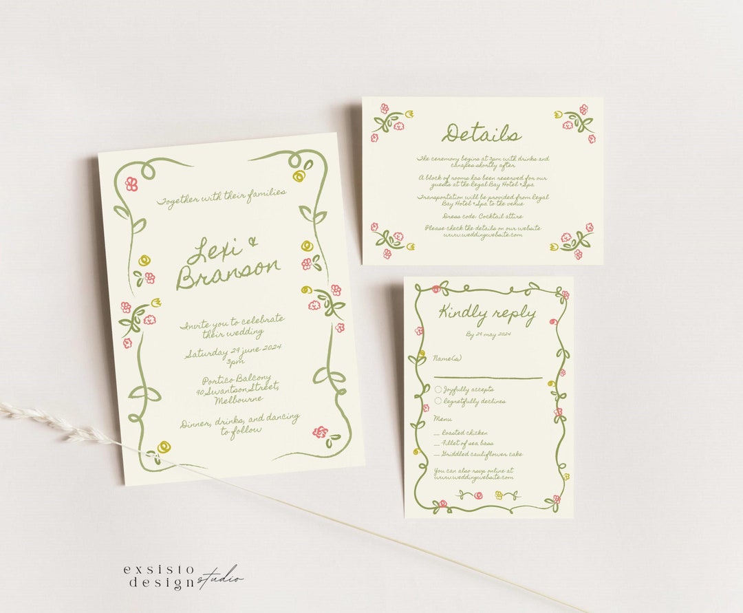 Invitation Suite With RSVP and Details for Wedding, Floral Border Template, Hand Drawn Whimsical ...