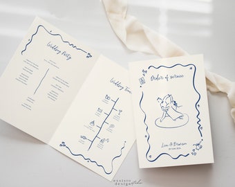 Wedding Ceremony Program Template, Wavy Border with Hand Drawn Dancing Couple, Order of Service, Quirky Scribble Handwritten Printable, 010