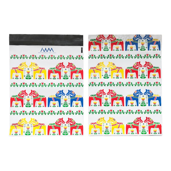 ArtWorks Mailers 10 x 13 Premium Poly Mailers Shipping Bags Self Sealing Unpadded Custom Scandinavian Folk Art Dala Horse Flowers 100 Pack