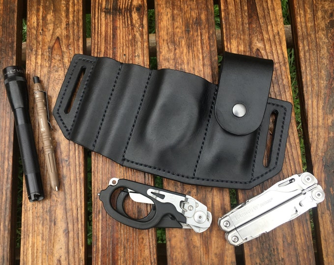 Leather Combo Sheath for 4 EDC (example: Leatherman Raptor, Letherman Surge, Fenix light, and Ink Pen), American Made