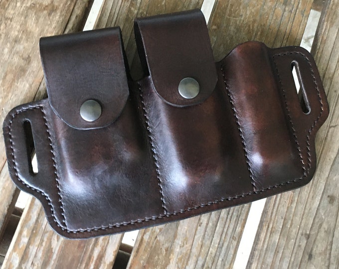 American Made Leather Sheath for 3 EDC Gear (Buck 110, Leatherman, Bit Set, Survival Kits, Fire Kits, Flashlight, or other)