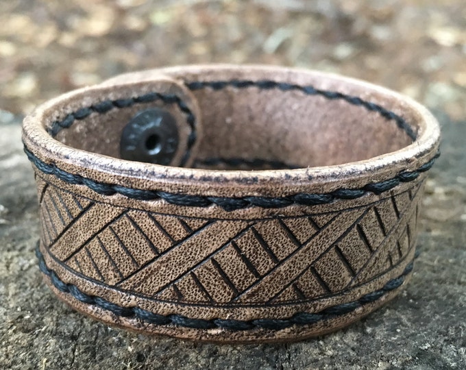 Hand Carved Leather Bracelet, American Made
