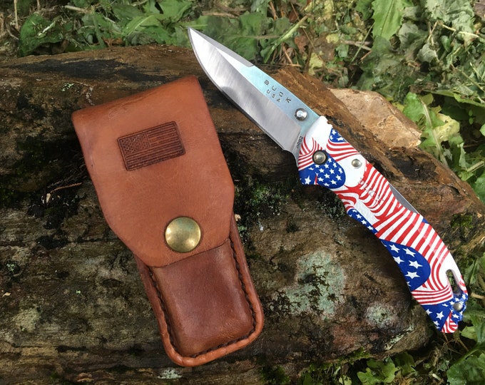 American Flag Leather Belt Sheath (EDC, Buck 110, Buck 112, Case, Gerber, Victorinox, Folding Pocket Knives, Multitools, Lights, etc.)