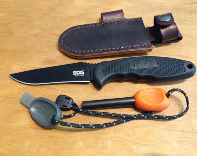 Custom Leather Combo Sheath for Sog Field Pup and Ferro Rod (Every Day Carry, EDC), American Made