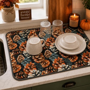 Pinecone Dish Drying Mat | Watercolor Forest Kitchen Counter Protector
