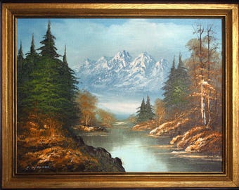 Vintage hand painted original oil painting on canvas tranquil landscape scene