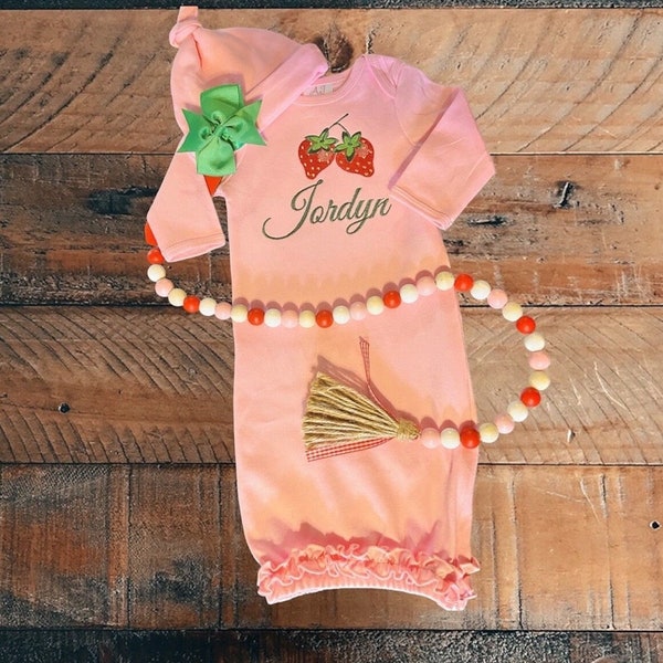 Baby Gown with Strawberries, Embroidered Baby Gown, Personalized baby gown, Strawberry theme baby gown, Take Home Gift