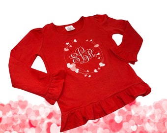 Chemise à volants monogrammée pour fille, chemise brodée pour fille, chemise personnalisée pour fille, chemise à volants rouge pour fille