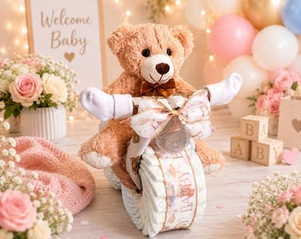 Gender Neutral Teddybär Windeltorte Baby Shower Geschenk Luxus Baby Shower Centerpiece Einzigartiges Baby Geschenk für Jungen oder Mädchen Handmade Decor