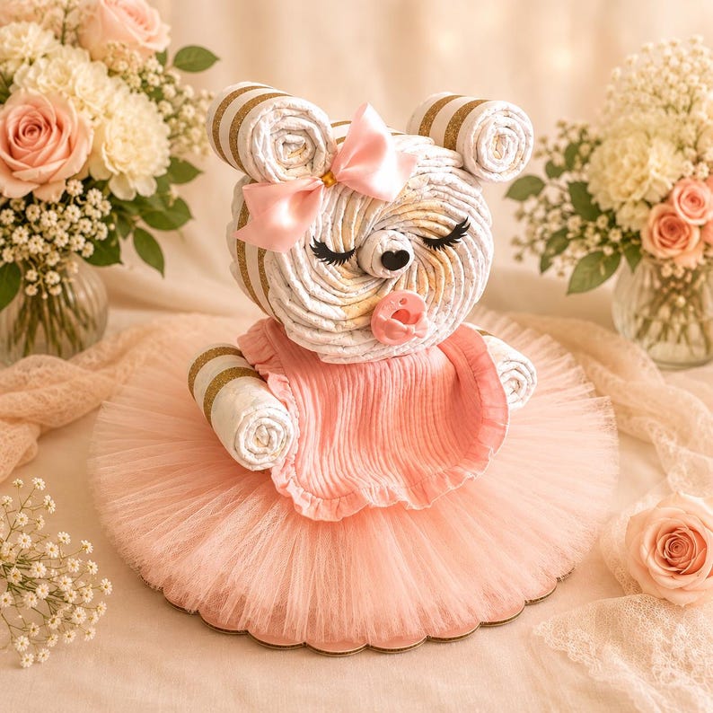 May include: A diaper cake shaped like a bear, featuring rolled white diapers with gold stripes, a pink satin bow, a pink ruffled bib, and a pink pacifier. The bear figure is dressed in a layered pink tulle skirt, creating a decorative centerpiece.
