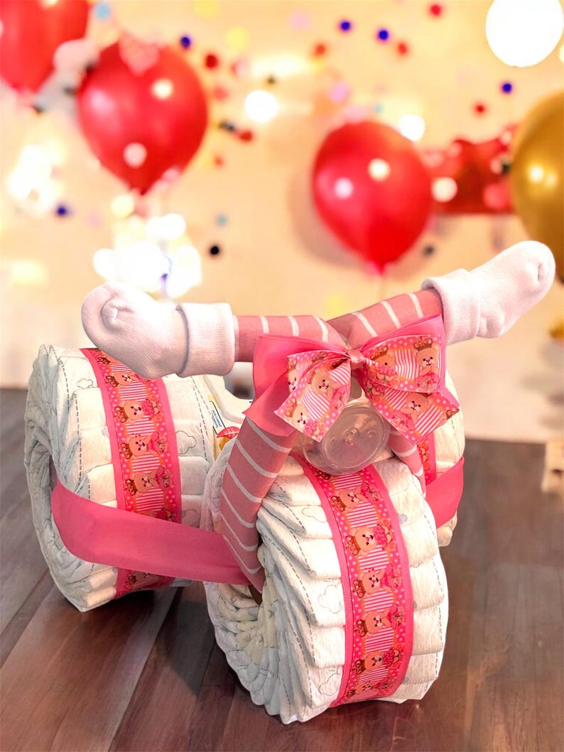 Diaper Tricycle Baby Shower Gift, Baby Shower Centerpiece, Diaper Cake for Boy or Girl, Personalized New Baby Gift Bild 19