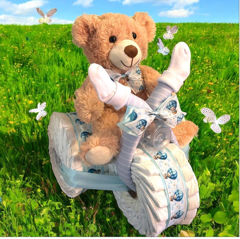 Diaper Tricycle Baby Shower Gift, Baby Shower Centerpiece, Diaper Cake for Boy or Girl, Personalized New Baby Gift Bild 11