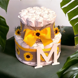 Sunflower Diaper Cake, Baby shower centerpiece, Sunflower baby shower, Diaper cakes for Girls, What will it bee baby shower decor