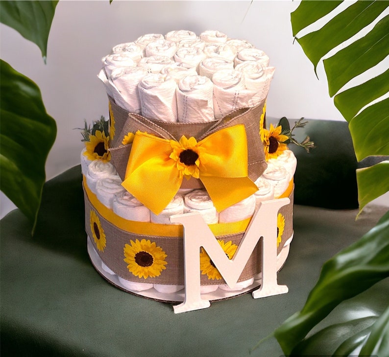 Sunflower Diaper Cake, Baby shower centerpiece, Sunflower baby shower, Diaper cakes for Girls, What will it bee baby shower decor image 1