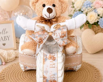 Gender Neutral Teddybär Windeltorte Baby Shower Geschenk Luxus Baby Shower Centerpiece Einzigartiges Baby Geschenk für Jungen oder Mädchen Handmade Decor