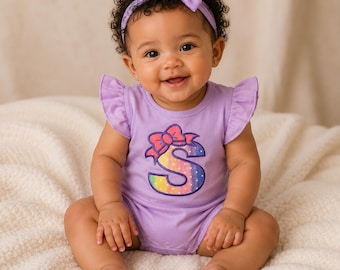 Personalized Girls Ruffle Romper Embroidered Appliqué Letter Outfit Baby Girl Bubble Romper Custom Initial Bodysuit Monogram Baby Outfit