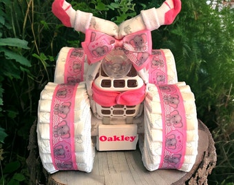 ATV Diaper Cake Baby Girl Shower Centerpiece Gift 4 Wheeler Pampers Gift Newborn Baby Decoration Handmade 80 Diapers Unique Gift