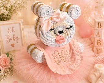 Handmade Teddy Bear Diaper Cake Gift, Pink Tutu Baby Shower Centerpiece Baby Girl Diaper Cake New Mom Gift