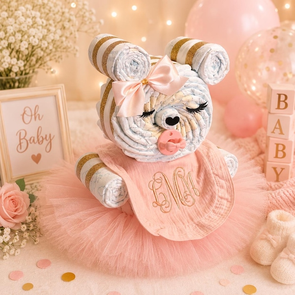Handgemaakte teddybeer luiertaart cadeau, roze tutu babyshower middelpunt babymeisje luiertaart cadeau nieuwe moeder
