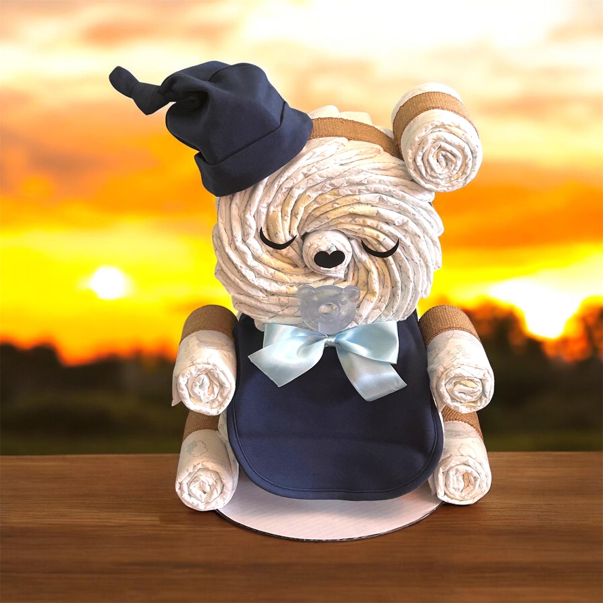 Teddy Bear Diaper Cake – Baby Shower Centerpiece Gift 50 Pampers ...