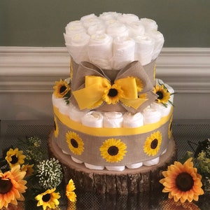 Sunflower Diaper Cake, Baby shower centerpiece, Sunflower baby shower, Diaper cakes for Girls, What will it bee baby shower decor image 6