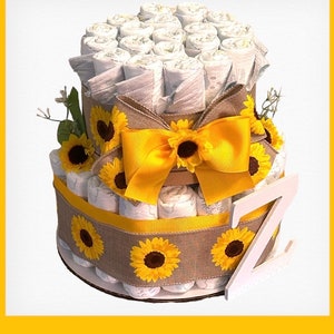 Sunflower Diaper Cake, Baby shower centerpiece, Sunflower baby shower, Diaper cakes for Girls, What will it bee baby shower decor image 4